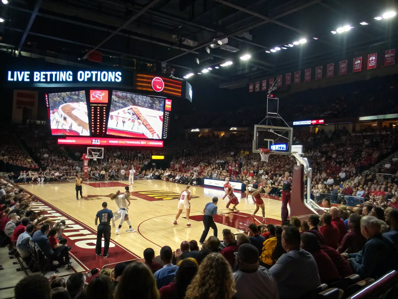 An image featuring a basketball game in progress, with players in dynamic poses and the crowd cheering in the background. The Bet7k logo is subtly placed on the scoreboard.