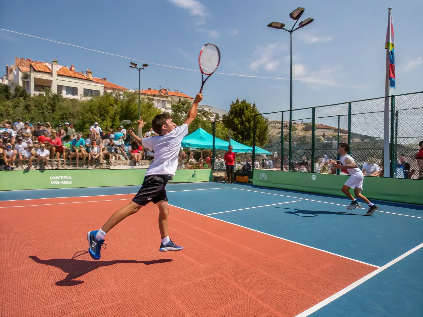 A dynamic image of a tennis match, capturing the intensity of the game with a player serving and the opponent ready to return. The Bet7k logo is subtly placed on the net.